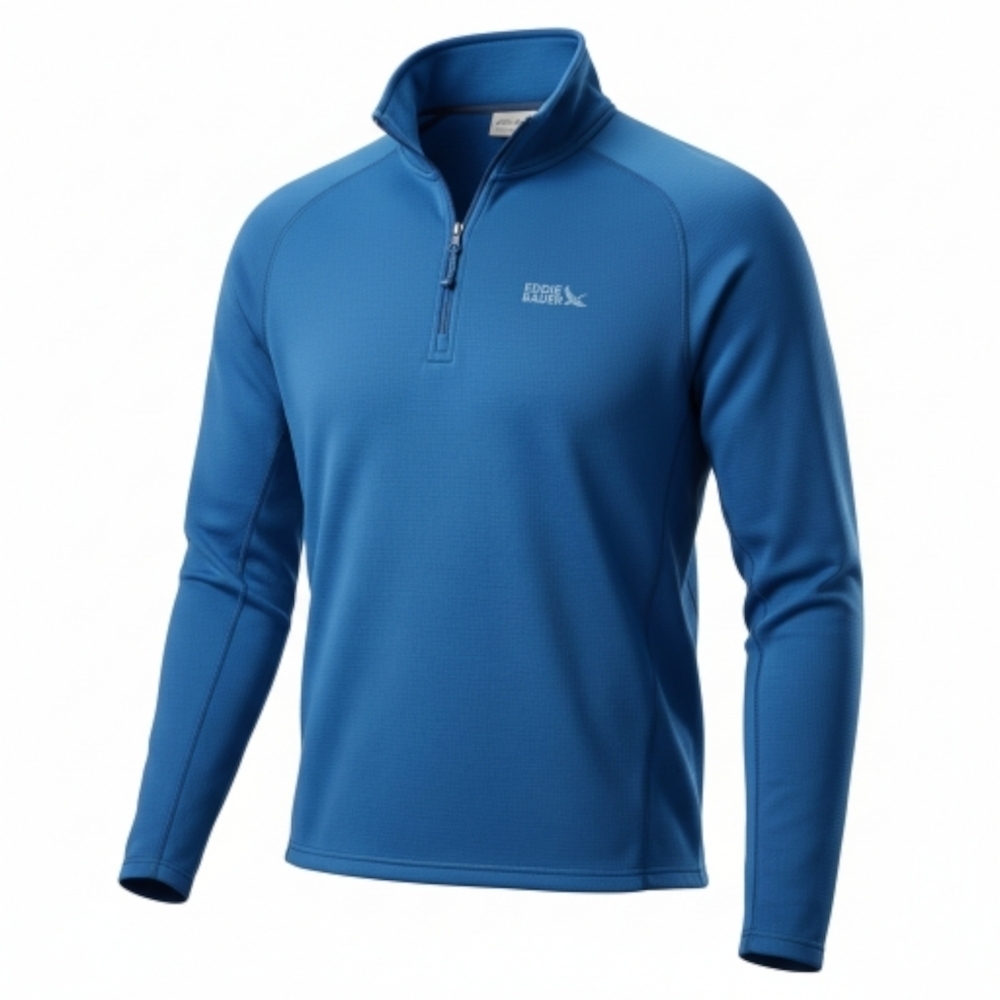 EDDIE BAUER Blue Grid Fleece 1/2 Zip Pullover – performance thermal midlayer – L